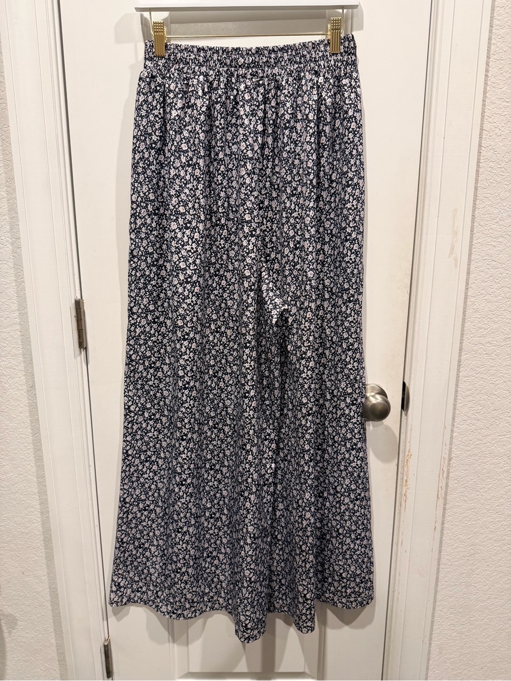 Floral Wide Leg Palazzo Pants Black White Pull On Elastic Waist S
